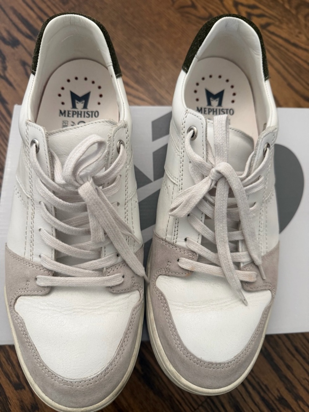 Mephisto Men's White Leather Sneakers with Light Gray Suede Accents Size US 10